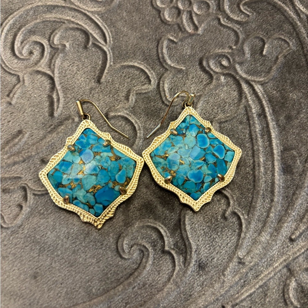 Kendra Scott Kirsten Bronze Veined Turquoise Gold Tone Earrings RARE